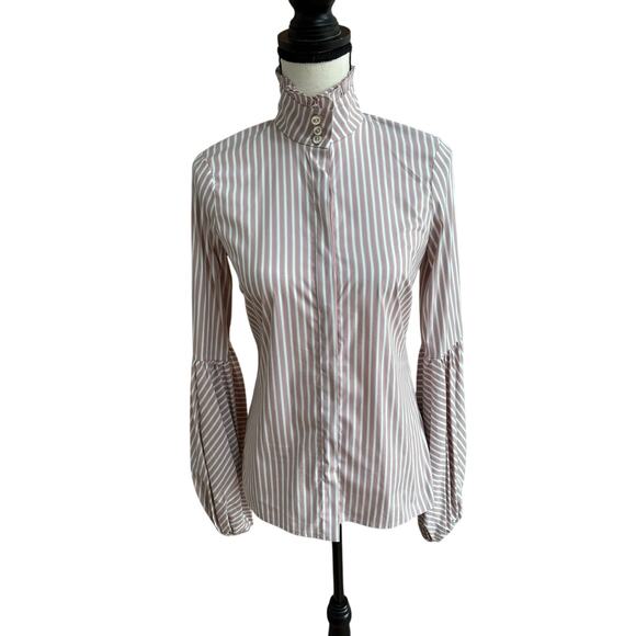 Caroline Constas Striped High Neck Puff Sleeve Blouse Pink White Women’s S - Picture 1 of 9